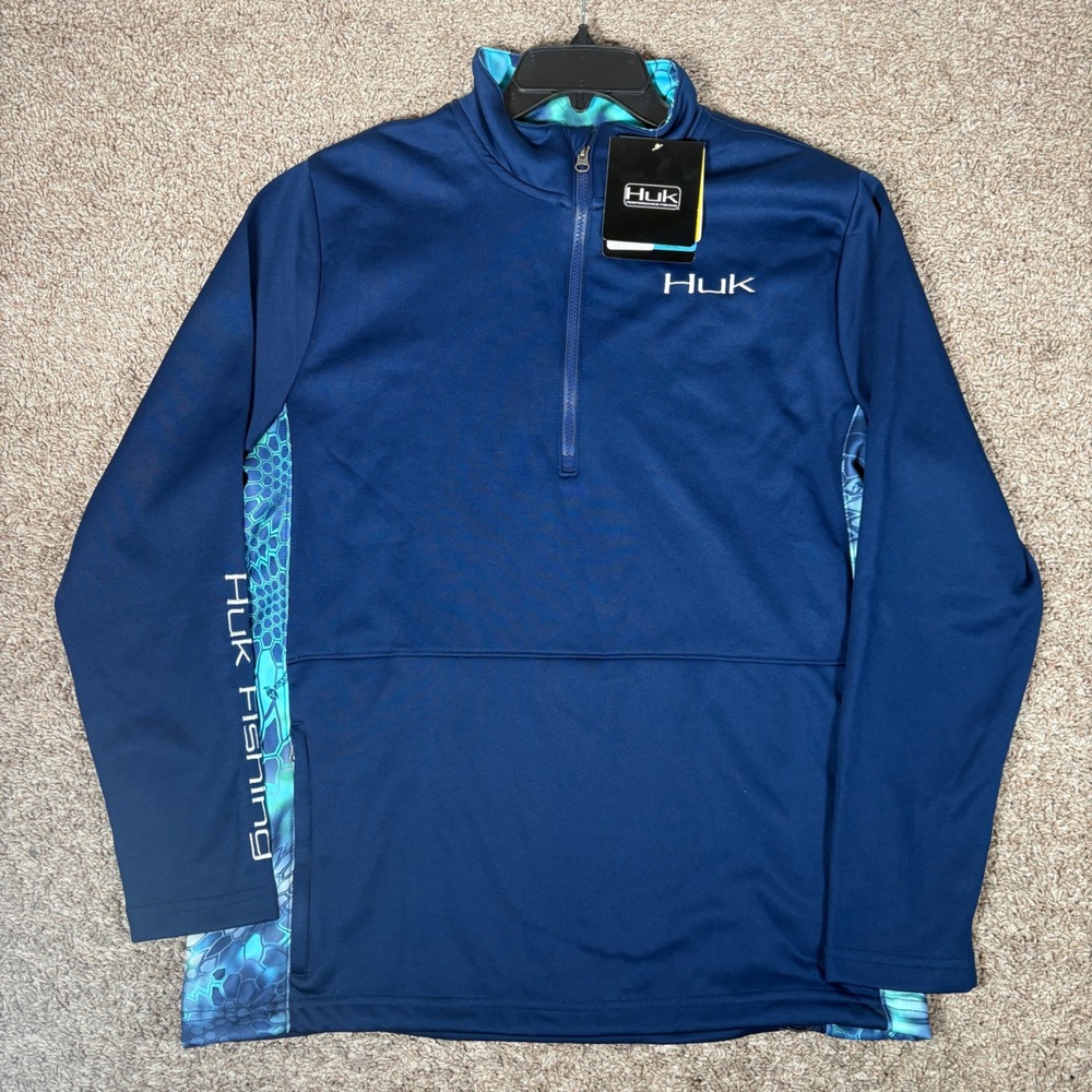 Huk Mens Fleece 1/4 Zip Fishing Pullover Navy Krypton Pontus Camo H1300017 M